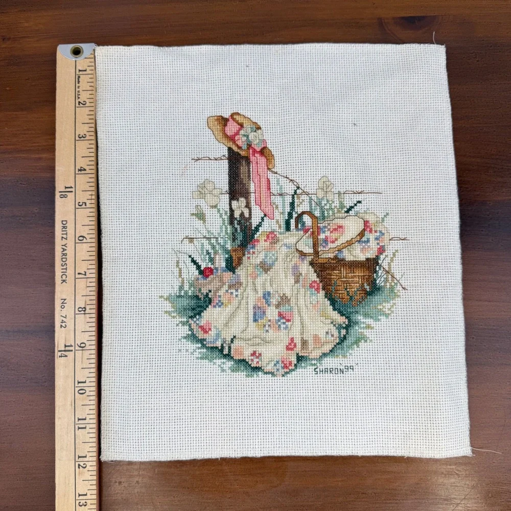 Vintage Sharon 99 Hand Stitched Cross Stitch Cottagecore Quilt Picnic Scene Art